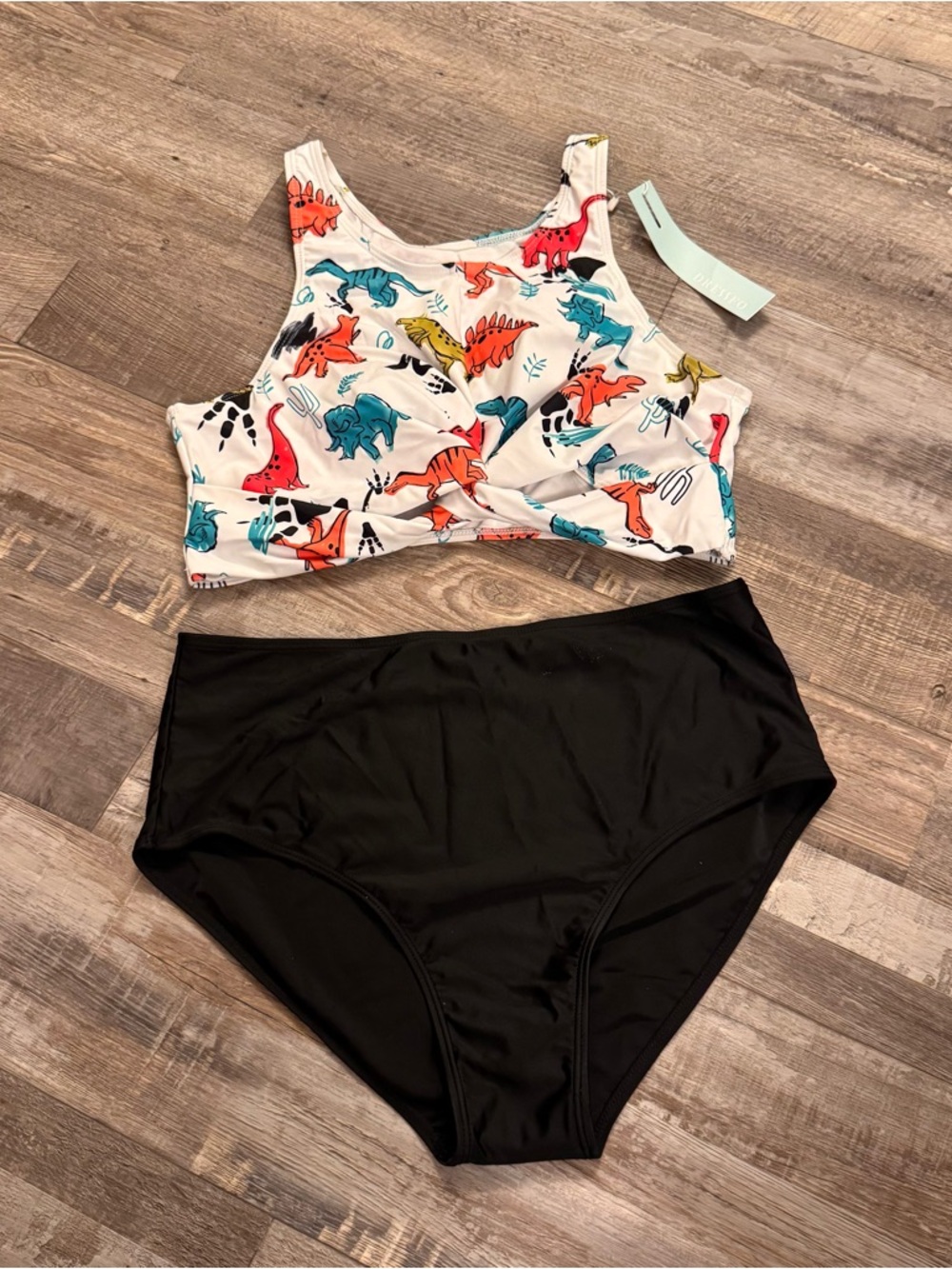 Dressfo Dinosaur Twist Front Bikini Set XL High Waisted Swimwear 2 Piece